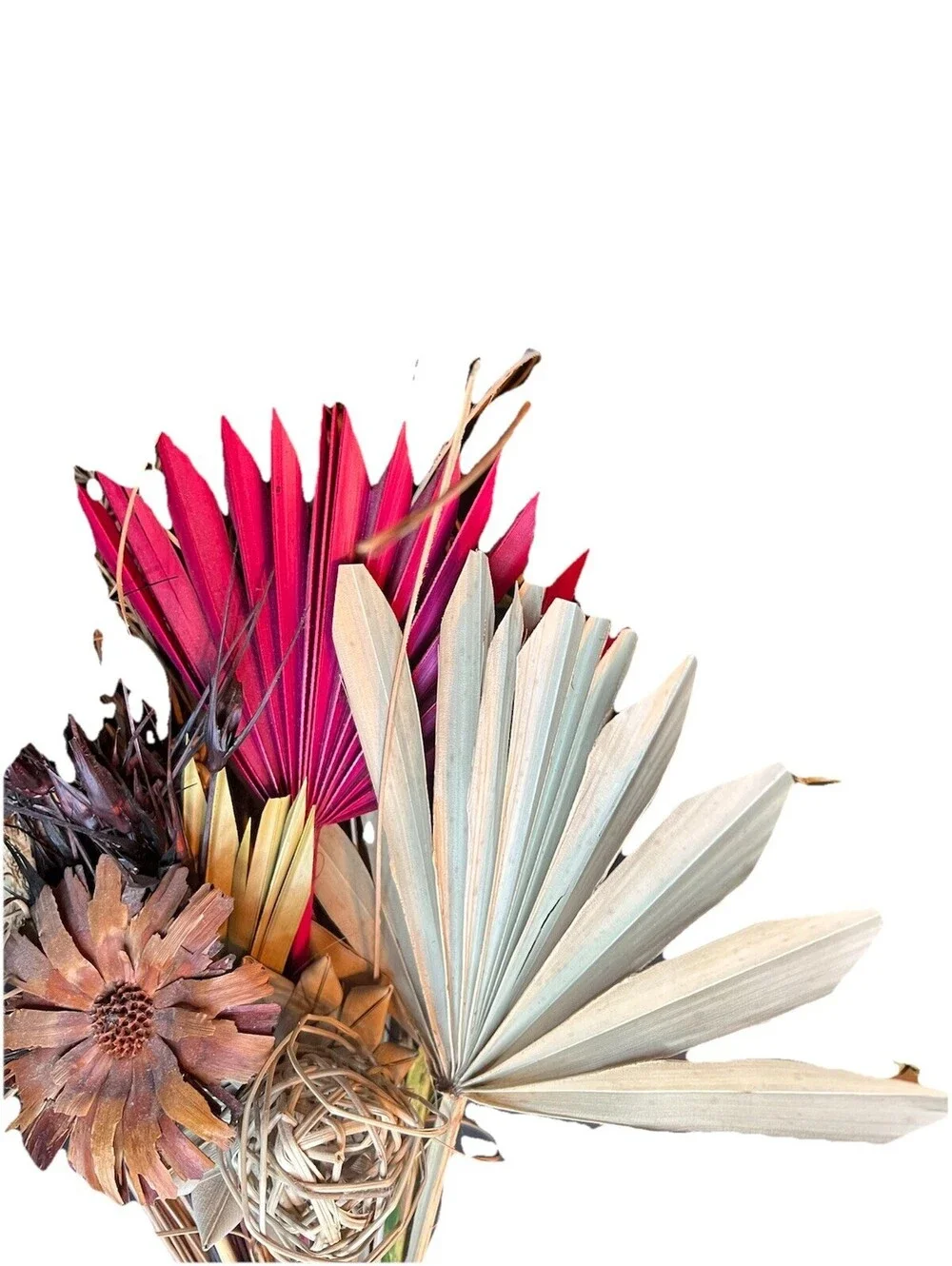 Large dried flowers dried palm spear and tropical bouquet with burgundy accents
